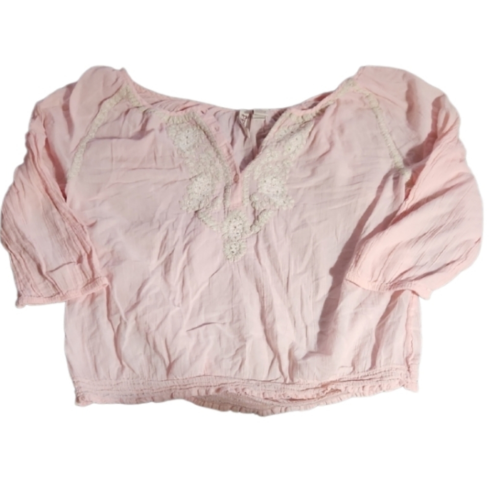 Vintage MUDD Jrs Lg Gauze Crinkle Pink Lace-Trimmed Blouse Peasant Style